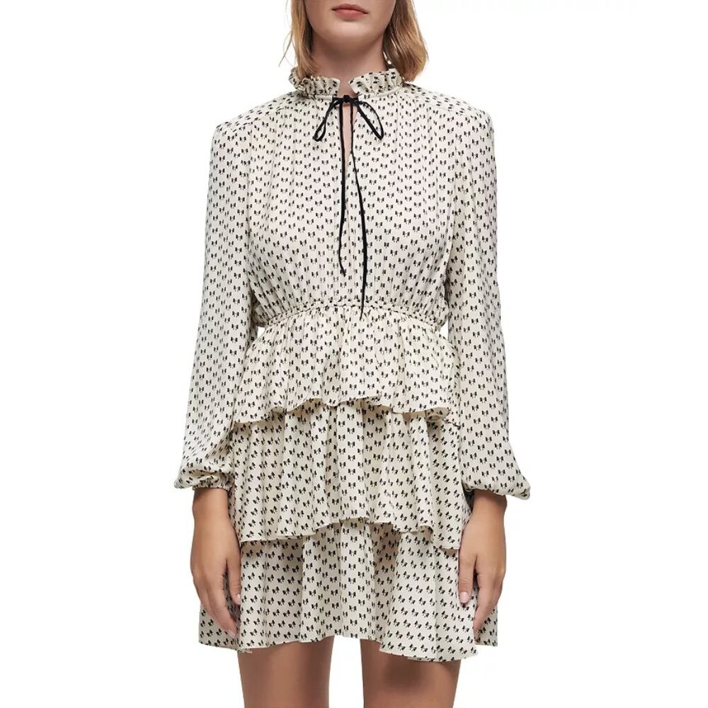 Maje Bow Print Tiered Satin Mini Dress with Ruffle Collar Size 34